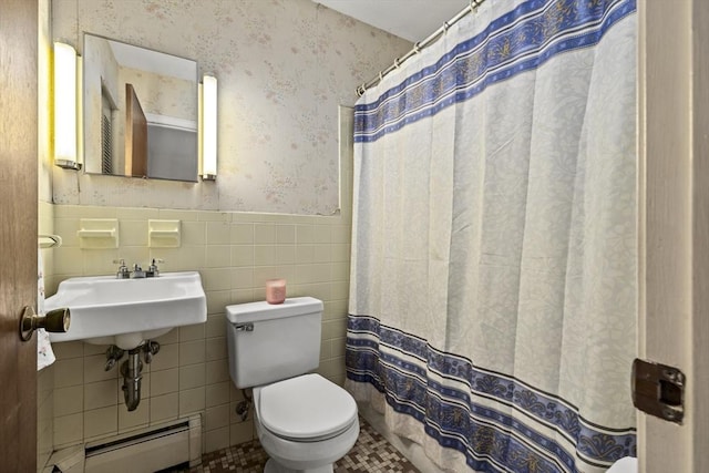 253 Rock St Unit 253, Norwood, MA 02062 - bathroom featuring baseboard heating, wainscoting, wallpapered walls, tile walls, and a shower with curtain