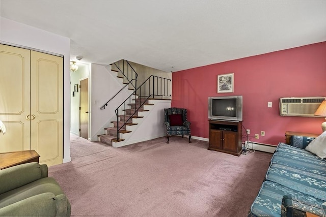 253 Rock St Unit 253, Norwood, MA 02062 - carpeted living room with a baseboard heating unit, stairway, and a wall mounted air conditioner