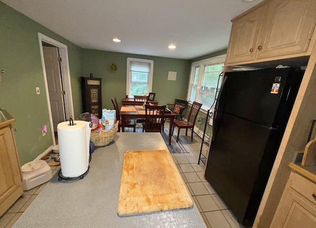 270 Pine St, Marshfield, MA 02050 - kitchen featuring freestanding refrigerator, light tile patterned floors, recessed lighting, and light countertops