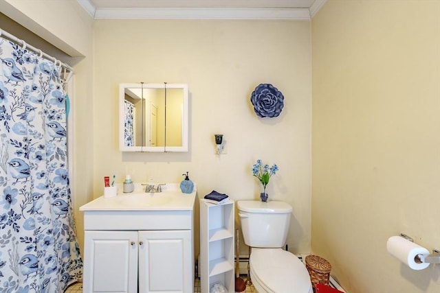 bathroom featuring a baseboard heating unit, vanity, ornamental molding, and toilet