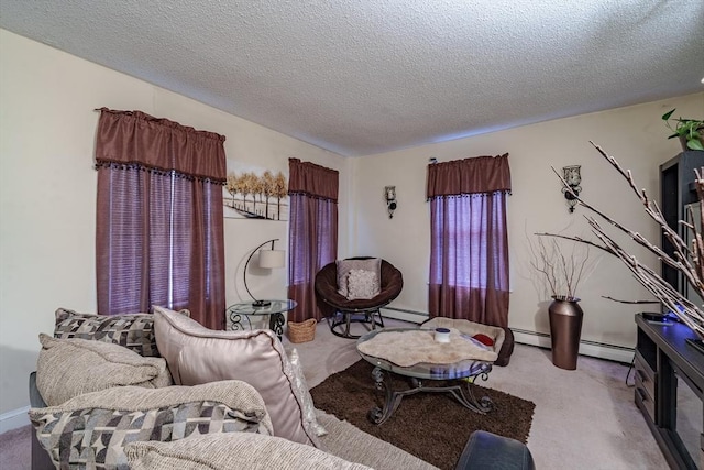 living room with a baseboard heating unit, light colored carpet, and a textured ceiling