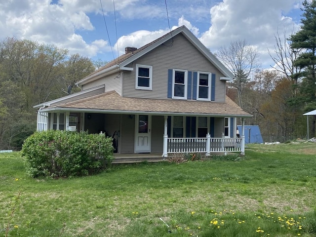 24 Sizer Dr, Wales, MA 01081 - farmhouse with a porch, a front lawn, a chimney, and a shingled roof