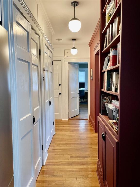 75 Rossmore Rd Unit 5, Boston, MA 02130 - corridor with ornamental molding and light wood finished floors