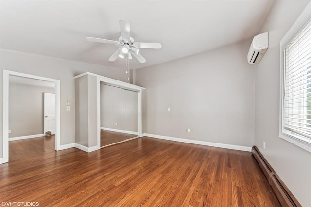 591 Poplar St, Boston, MA 02131 - unfurnished bedroom with a baseboard radiator, an AC wall unit, wood finished floors, baseboards, and ceiling fan