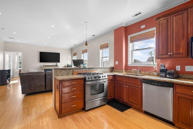 41 Standish St Unit 3, Boston, MA 02124 - kitchen featuring stainless steel appliances, a sink, plenty of natural light, a peninsula, and crown molding