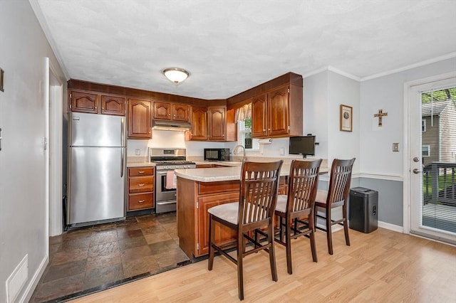 718 Wellman Ave Unit 718, Chelmsford, MA 01863 - kitchen with stainless steel appliances, under cabinet range hood, a peninsula, light countertops, and baseboards