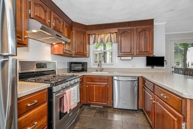718 Wellman Ave Unit 718, Chelmsford, MA 01863 - kitchen with stainless steel appliances, under cabinet range hood, a sink, ornamental molding, and a peninsula