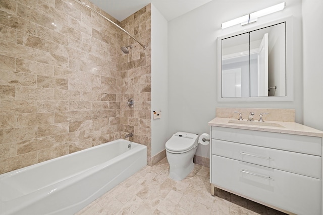 full bathroom with tiled shower / bath combo, vanity, tile flooring, and toilet