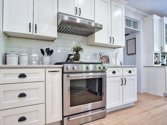 50 Bentley Ln, Westport, MA 02790 - kitchen featuring stainless steel gas range oven, under cabinet range hood, light wood-style flooring, tasteful backsplash, and crown molding