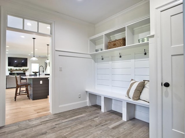 50 Bentley Ln, Westport, MA 02790 - mudroom featuring light wood-style floors, ornamental molding, baseboards, and a sink