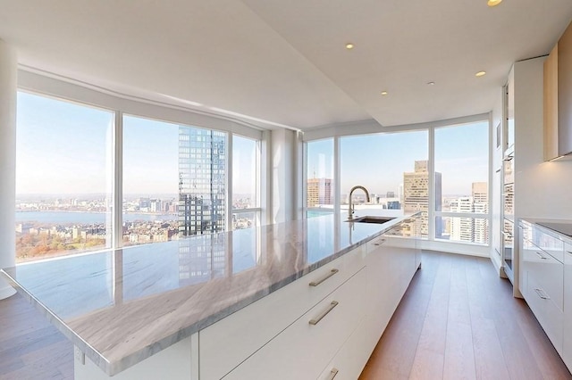 kitchen featuring a sink, a view of city, modern cabinets, healthy amount of natural light, and recessed lighting