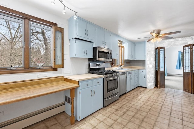 kitchen featuring stainless steel appliances, blue cabinetry, a healthy amount of sunlight, and baseboard heating