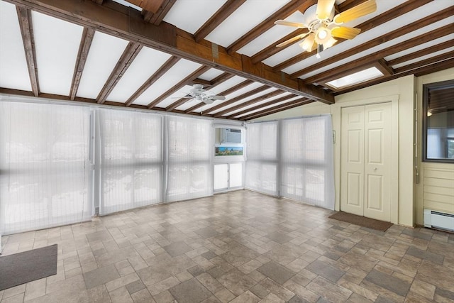 unfurnished room featuring vaulted ceiling with beams, a wall mounted air conditioner, ceiling fan, and baseboard heating