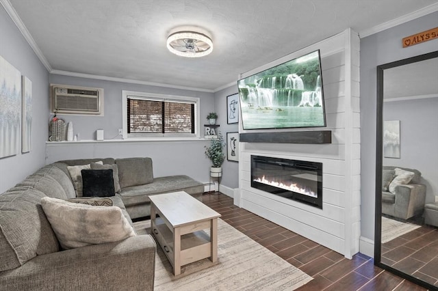 living room featuring a baseboard heating unit, crown molding, and an AC wall unit