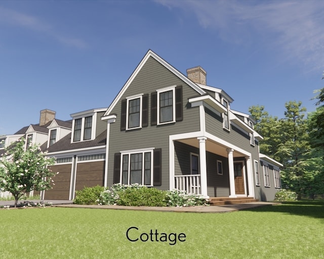 rear view of property featuring covered porch, a yard, and a garage