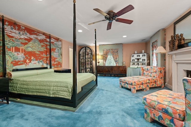 carpeted bedroom featuring ceiling fan