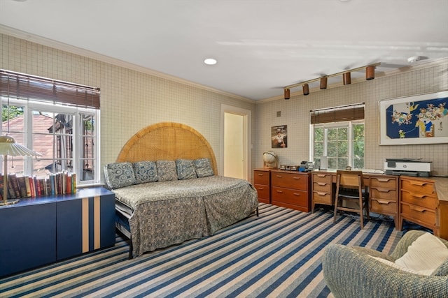 bedroom with crown molding, rail lighting, and carpet floors