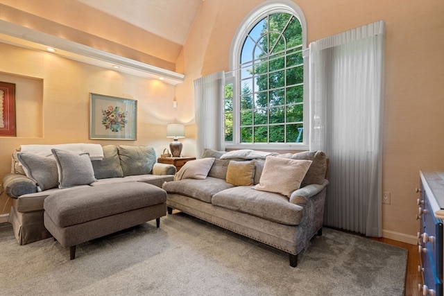 living room with vaulted ceiling, a wealth of natural light, and carpet