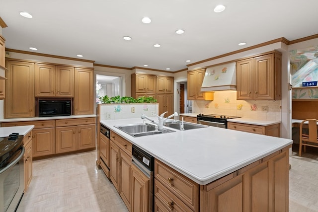 kitchen with black appliances, custom range hood, backsplash, a kitchen island with sink, and sink