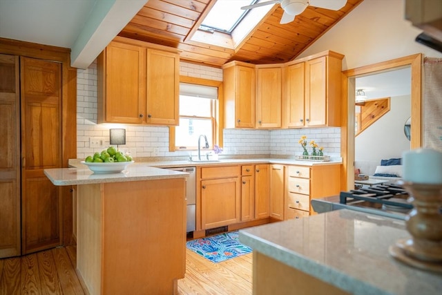 11 Cliff St, Dennis, MA 02638 - kitchen featuring wood ceiling, light wood-style floors, a ceiling fan, dishwasher, and a skylight