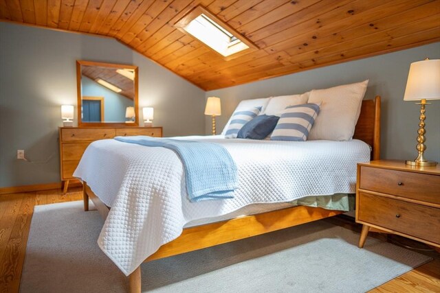 11 Cliff St, Dennis, MA 02638 - bedroom featuring lofted ceiling, wood finished floors, a skylight, wooden ceiling, and baseboards