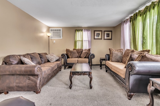 living room with light carpet and a wall mounted AC