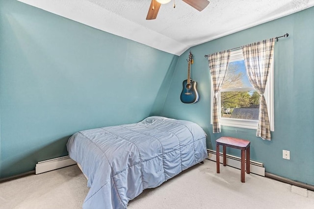 bedroom featuring a baseboard radiator, carpet flooring, a textured ceiling, and lofted ceiling