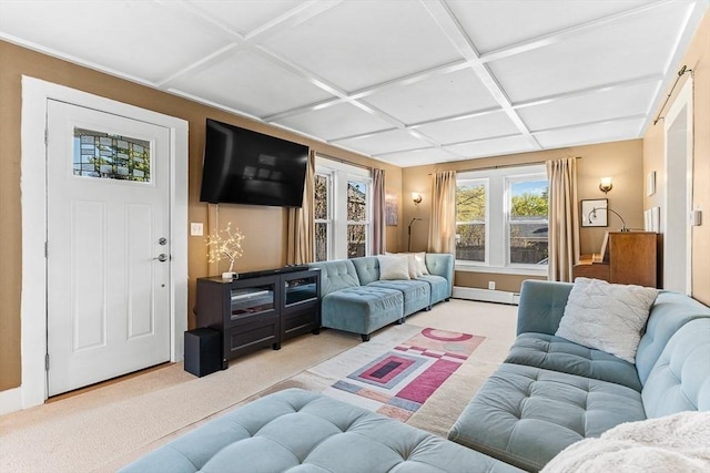 living area featuring carpet and coffered ceiling
