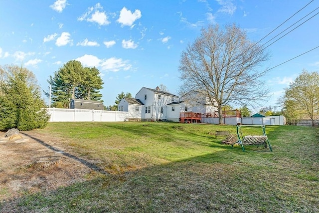 view of yard featuring a fenced backyard and a wooden deck