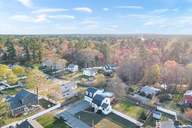 birds eye view of property with a residential view and a wooded view