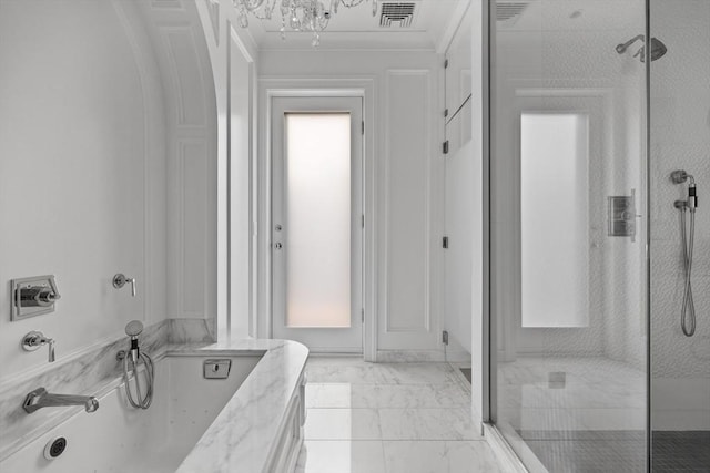 68 W Rutland Sq, Boston, MA 02118 - full bathroom with a stall shower, a bath, marble finish floors, ornamental molding, and a chandelier