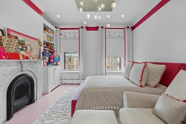 68 W Rutland Sq, Boston, MA 02118 - bedroom with crown molding, a baseboard radiator, recessed lighting, and a fireplace