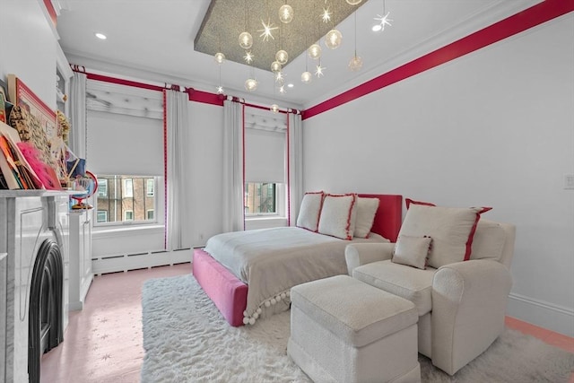 68 W Rutland Sq, Boston, MA 02118 - bedroom with a baseboard heating unit, ornamental molding, and baseboards