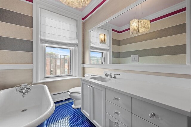 68 W Rutland Sq, Boston, MA 02118 - full bathroom with a freestanding bath, a baseboard heating unit, toilet, vanity, and crown molding