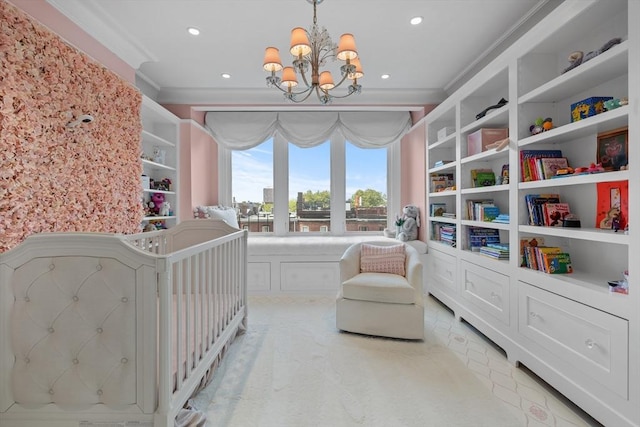 68 W Rutland Sq, Boston, MA 02118 - bedroom featuring crown molding, a chandelier, and recessed lighting
