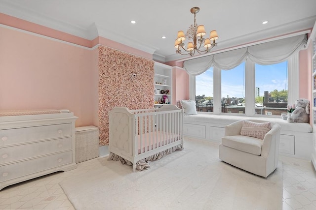 68 W Rutland Sq, Boston, MA 02118 - bedroom with a chandelier, crown molding, and recessed lighting