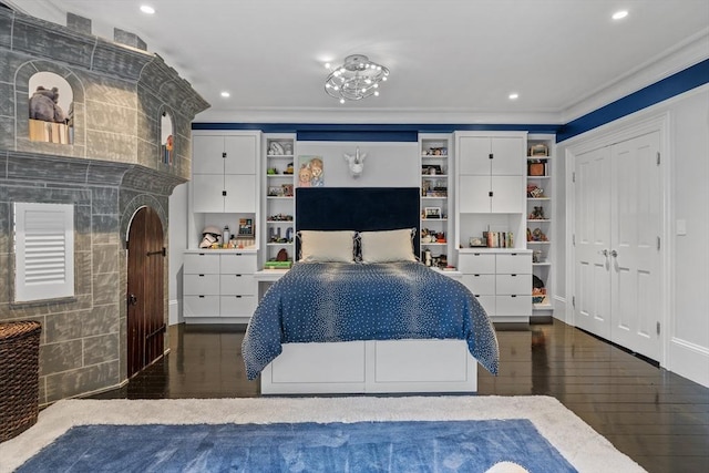 68 W Rutland Sq, Boston, MA 02118 - bedroom with ornamental molding, recessed lighting, dark wood-style floors, and a closet