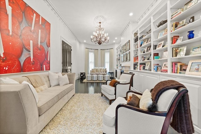 68 W Rutland Sq, Boston, MA 02118 - living area with recessed lighting, crown molding, a chandelier, built in features, and wood finished floors