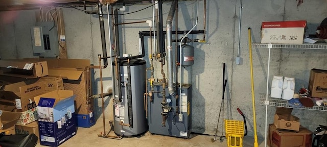 utilities with heat pump water heater, a heating unit, and electric panel