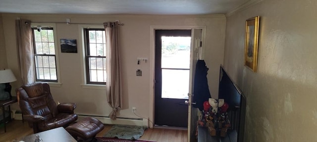 entrance foyer with a baseboard radiator, crown molding, and wood finished floors