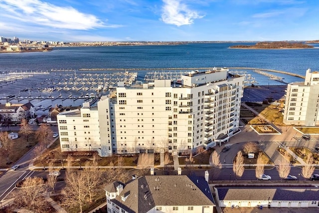 aerial view featuring a water view