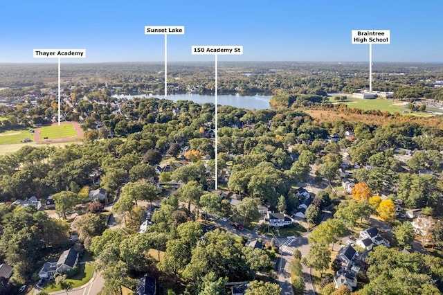 150 Academy St, Braintree, MA 02184 - aerial overview of property's location with a nearby body of water and a forest