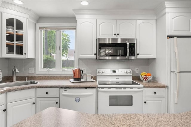 150 Academy St, Braintree, MA 02184 - kitchen featuring white appliances, a sink, white cabinetry, and recessed lighting