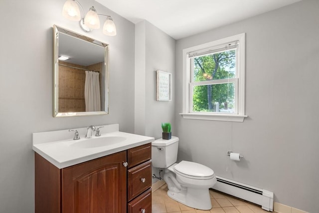 150 Academy St, Braintree, MA 02184 - full bathroom with baseboard heating, toilet, vanity, tile patterned flooring, and a shower with curtain