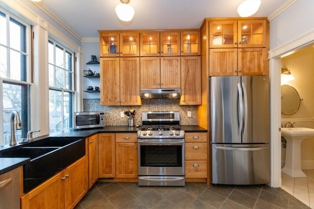 kitchen featuring stainless steel appliances, ornamental molding, backsplash, and sink