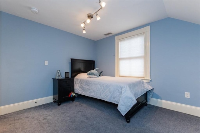 carpeted bedroom featuring lofted ceiling