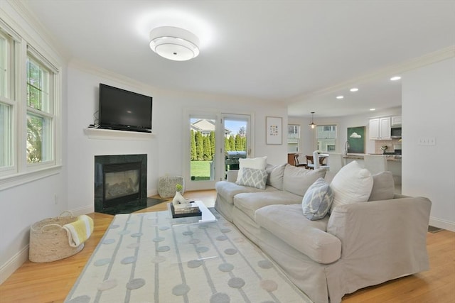 living area with light wood-style flooring, baseboards, and a healthy amount of sunlight