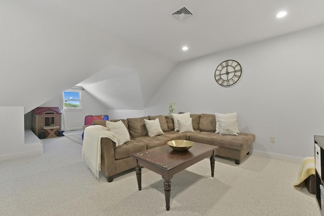 living area with light colored carpet, baseboards, visible vents, and recessed lighting