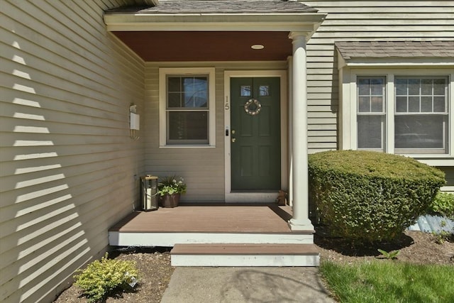 view of exterior entry featuring roof with shingles
