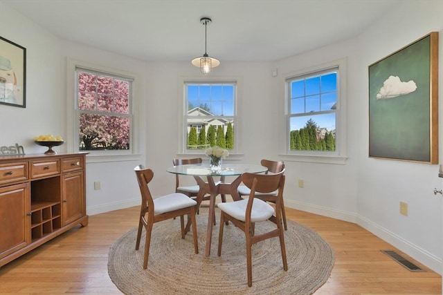 dining space featuring light wood-type flooring, visible vents, and baseboards
